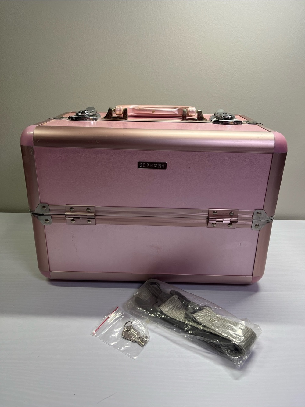 Sephora Metallic Pink Cosmetic Carry Case with strap and keys